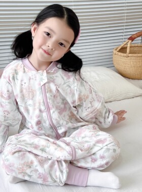 秋季儿童防踢被双层纯棉分腿防踢被婴幼儿可拆袖睡衣连体家居服