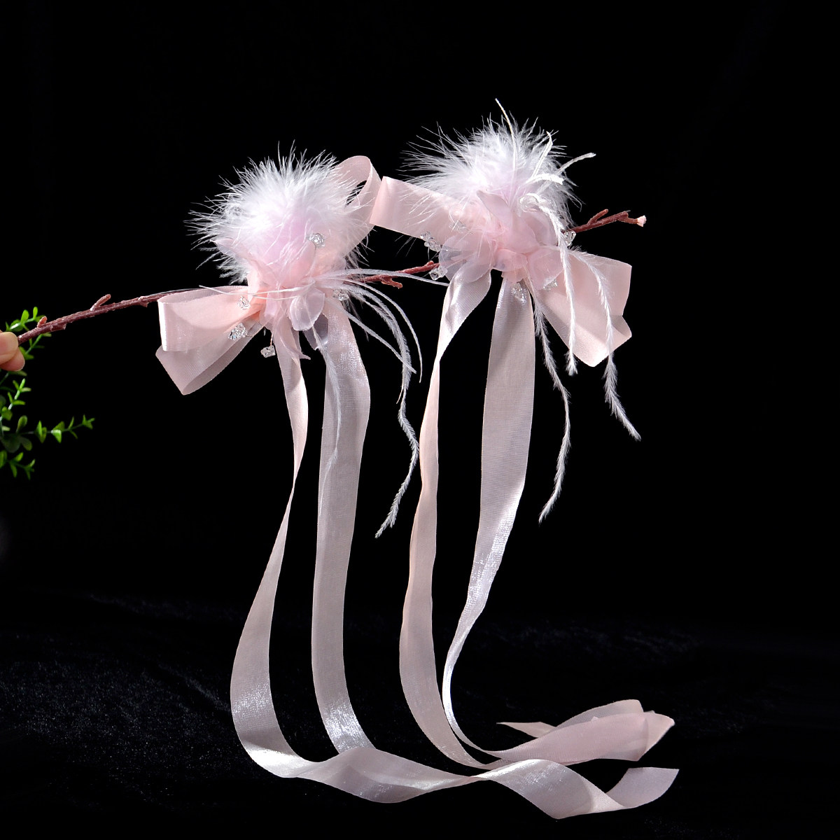 在逃公主头饰仙女粉色仙气羽毛蝴蝶结长飘带对夹饰品古装汉服发饰