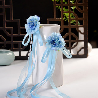 儿童汉服对夹头饰女花朵发饰中国风飘带发夹新款蓝色古风仙气饰品
