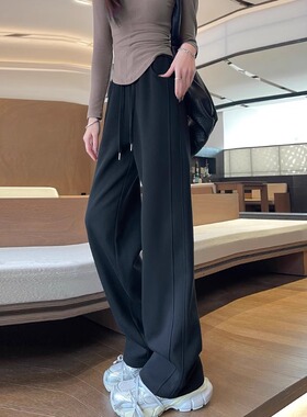 紫色阔腿裤女春秋冬季加绒2025新款直筒休闲运动卫裤弯刀香蕉裤子