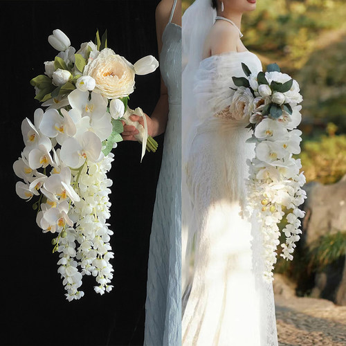 水滴瀑布手捧花白色蝴蝶兰郁金香花束新娘结婚仿真花婚礼婚纱摄影