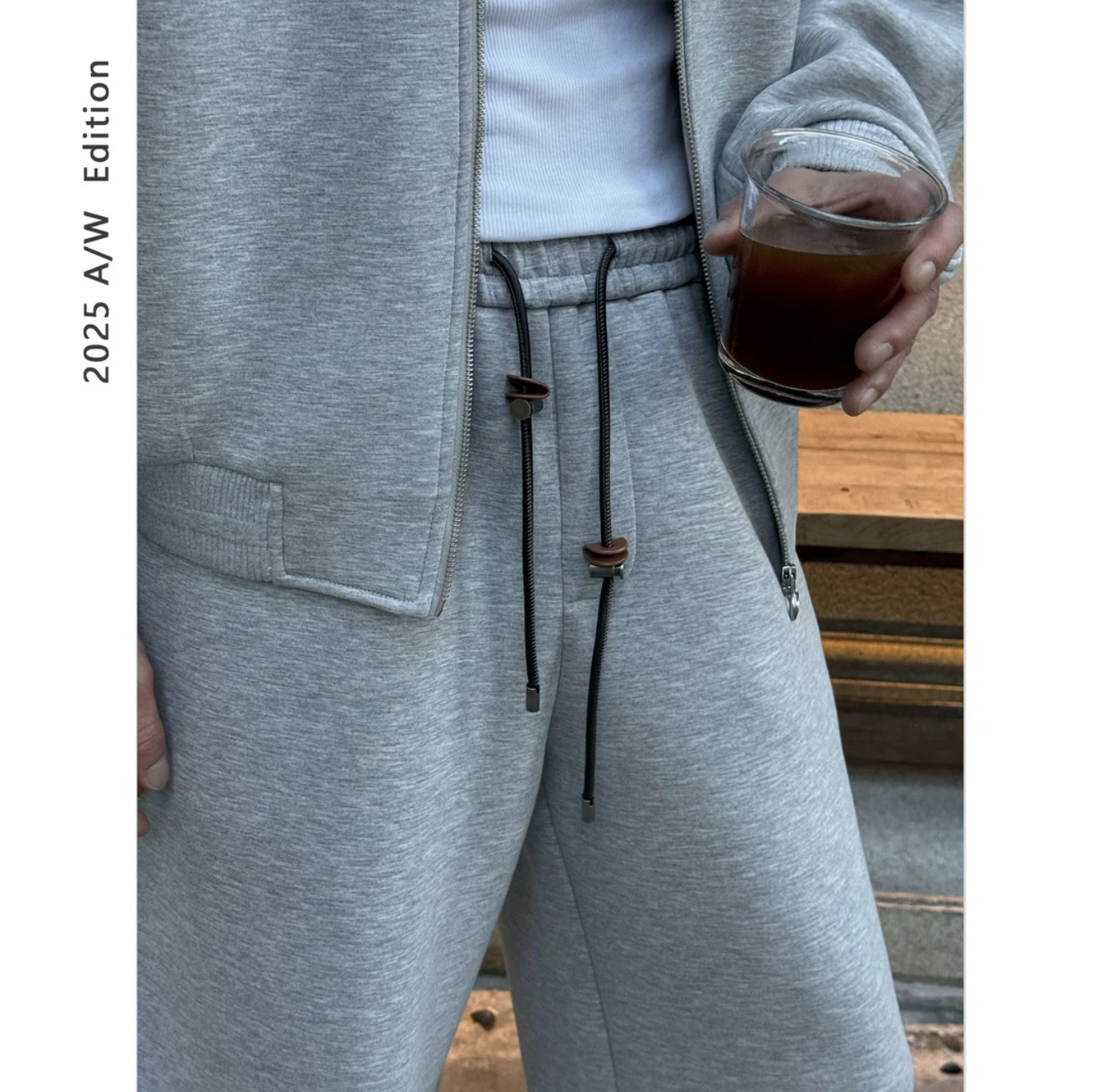 DUPU CONTRACTED 重磅双面针织空气层牛皮革抽绳廓形弯刀休闲卫裤