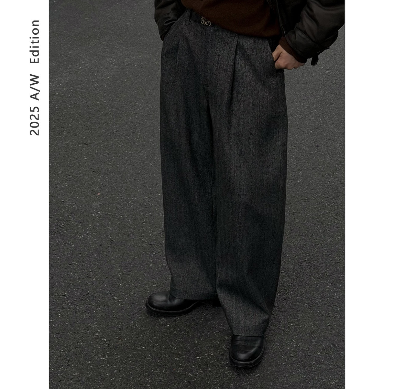 DUPU CONTRACTED 羊毛混纺复古人字纹单褶半松紧腰微阔直筒西裤