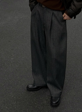 DUPU CONTRACTED 羊毛混纺复古人字纹单褶半松紧腰微阔直筒西裤