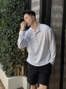 【NOKO】26SS/ 慵懒系 亨利领棉纱防晒卷边设计宽松长袖T恤