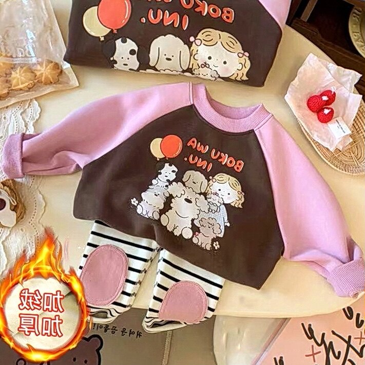 女童可爱卡通印花插肩袖卫衣韩国加绒冬季2024儿童条纹打底裤套装