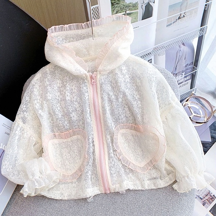 2023新款洋气夏季薄款儿童女童防晒衣空调服外套女孩蕾丝连帽长袖