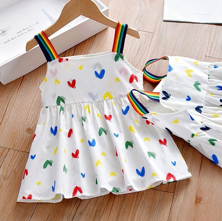 2024新款纯棉爱心印花公主裙女小童彩虹条纹吊带裙中小童韩版背心
