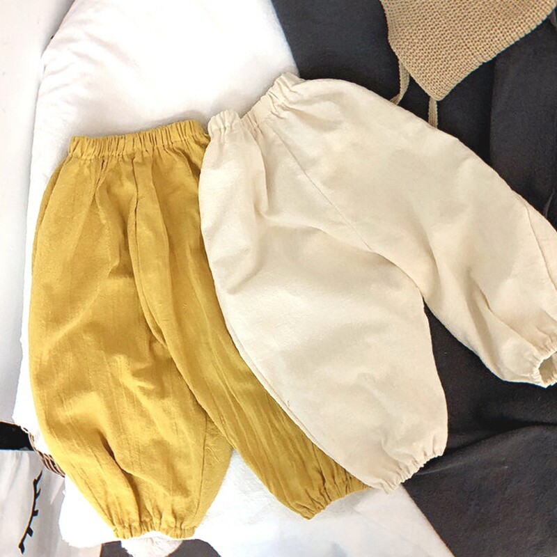 夏装休闲男童女童韩国儿童纯色百搭灯笼裤束口长裤麻棉裤子宝宝潮