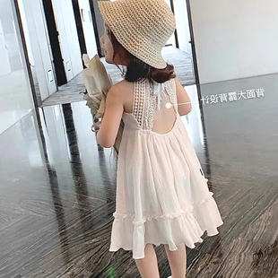 时尚 宝宝洋气露背白色吊带裙子潮 海边度假风儿童连衣裙女童装 夏季