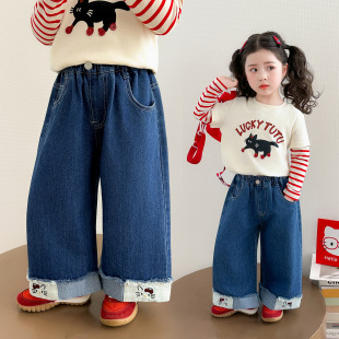 女童裤子2026新款春装韩范卡通猫咪儿童牛仔裤洋气女宝宝宽松长裤