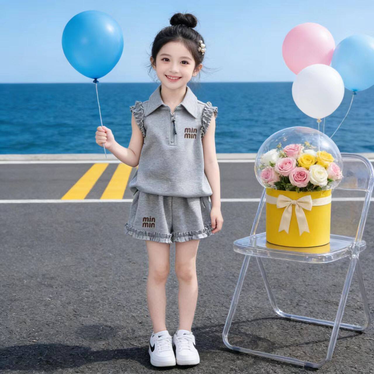 女童夏套装2026新款洋气时髦好看花边夏装女孩休闲运动短裤两件套