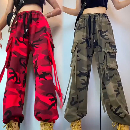 美式红色迷彩工装裤女广场舞桔色军装套装运动裤阔腿裤裤子