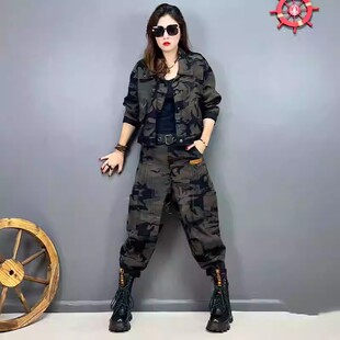欧货水兵舞团体演出服装女套装广场舞舞蹈迷彩长袖牛仔加绒两件套