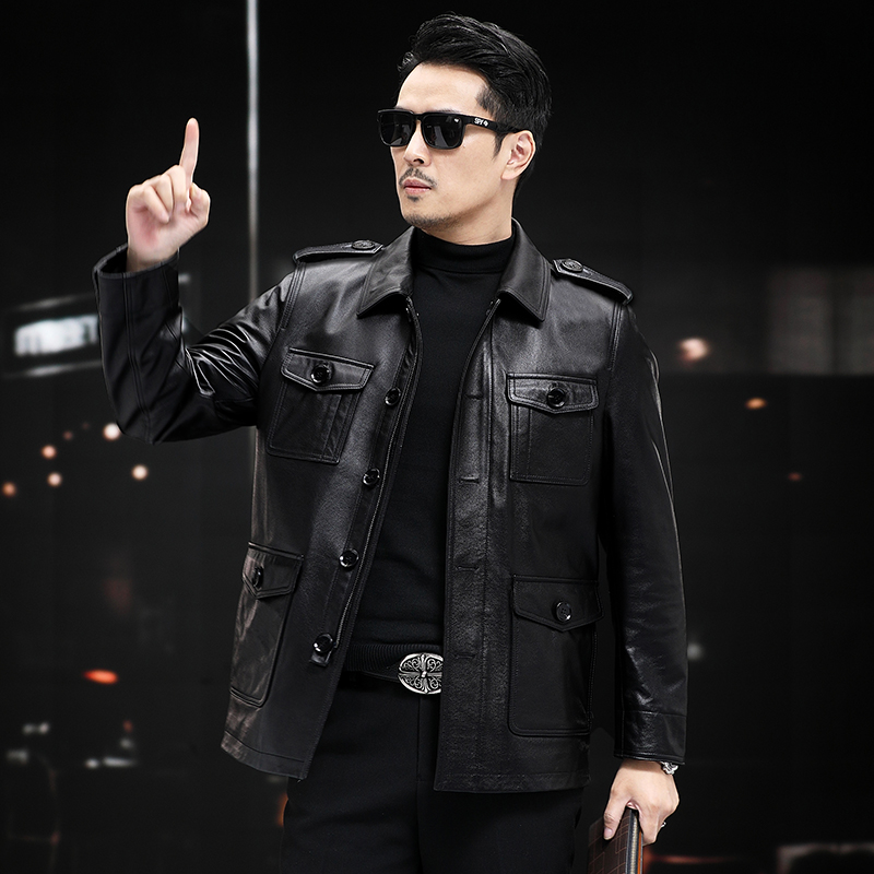 真皮皮衣男头层小牛皮中长款宽松翻领春秋冬外套脱卸貂绒胆羊毛领