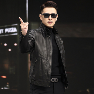 头层油蜡小牛皮新款 休闲洋气 真皮皮衣男外套春秋夹克立领机车短款