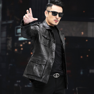 真皮头层牛皮皮衣男中年猎装短款外套小牛皮皮夹克羽绒毛领机车款