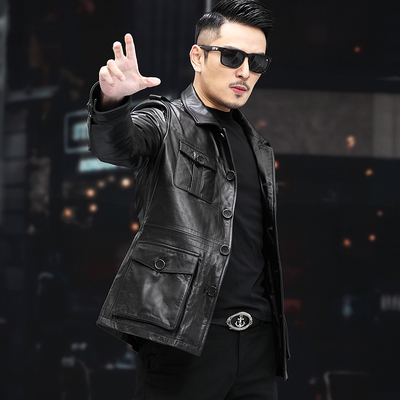 真皮头层牛皮皮衣男中年猎装短款外套小牛皮皮夹克羽绒毛领机车款