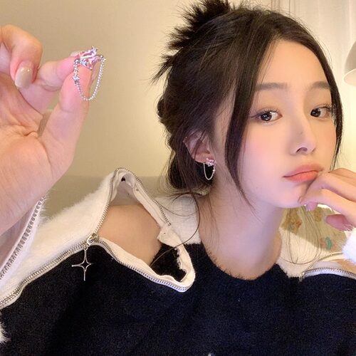 925银针粉色爱心链条流苏耳钉