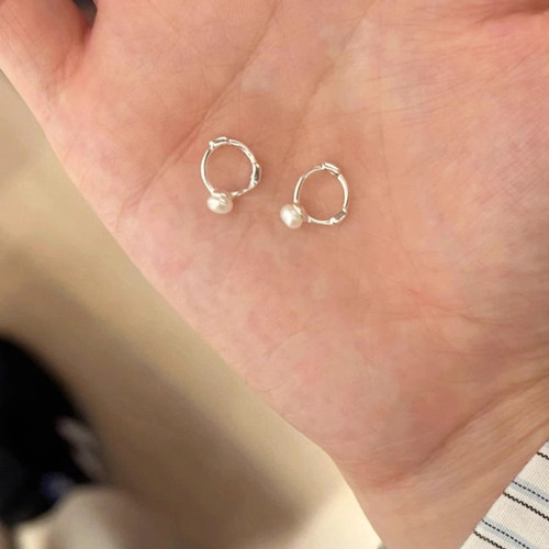 925银针珍珠耳圈迷你简约