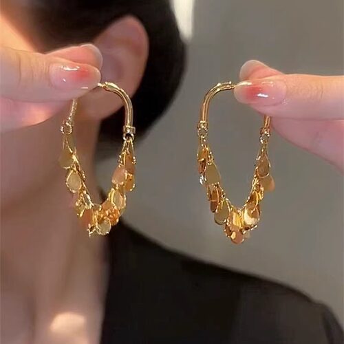 金色水滴叶片流苏耳环小众