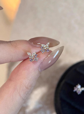 精致洋气薰衣草紫色蝴蝶耳钉925银针简约小巧气质高级感设计耳环