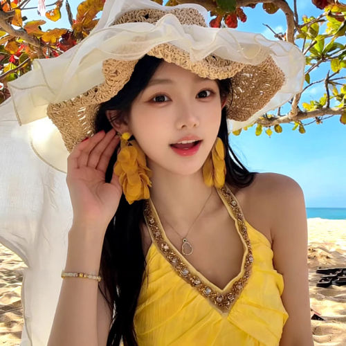 海边度假风黄色花瓣流苏耳环气质