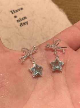 925银针蓝色星星蝴蝶结耳钉高级感小众轻奢耳环2025新款气质耳坠