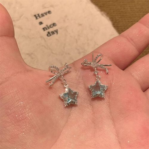 925银针蓝色星星蝴蝶结耳钉