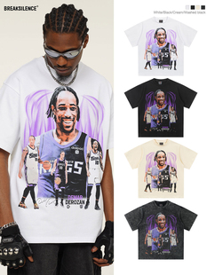 德罗赞篮球球星短袖T恤男女美式水洗300g重磅纯棉小领口宽松半袖