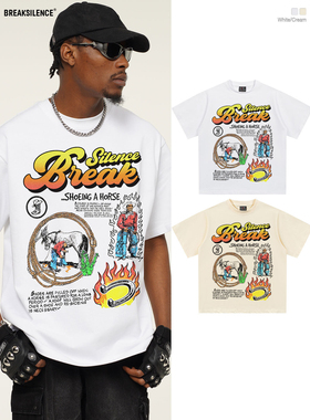 美式原创牛仔涂鸦短袖T恤男女街头嘻哈oversize宽松小领口半袖ins