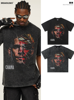 拳击CHAMA人物印花短袖t恤男女美式街头嘻哈300g重磅纯棉宽松半袖