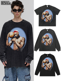 美式复古罗德曼 球星印花水洗做旧重磅长袖t恤男宽松重磅纯棉体恤