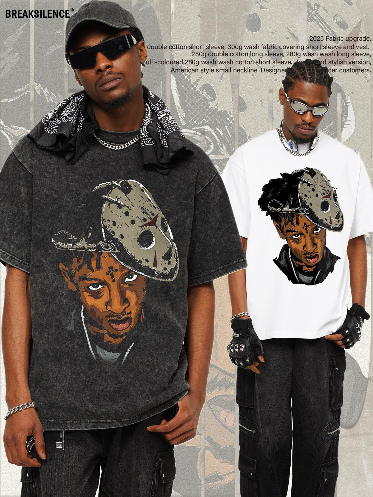 美式复古21Savage嘻哈短袖T恤男街头潮流300g重磅纯棉宽松半袖ins