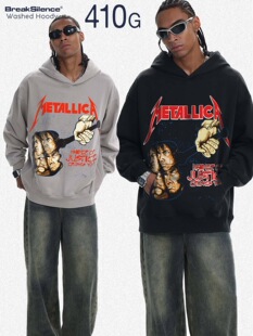 Metallica乐队数码印花美式嘻哈水洗重磅连帽卫衣男女宽松外套ins