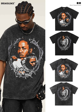 美式嘻哈说唱Kendrick人物印花短袖T恤男女水洗做旧300g纯棉半袖