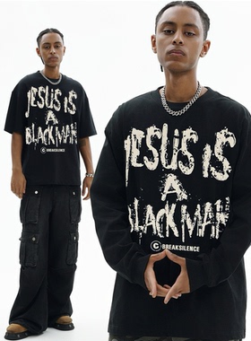 美式潮牌涂鸦文字印花短袖t恤男女oversize宽松重磅小领口长袖ins