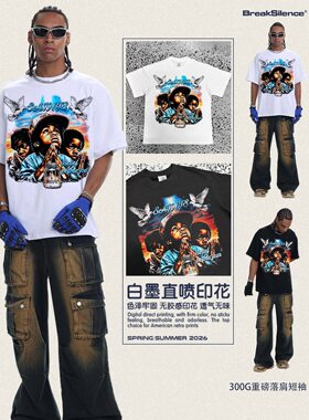 美式复古祈祷少年白鸽人物短袖高街vintage嘻哈宽松重磅纯棉T恤男