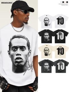 球星Ronaldinho头像印花短袖T恤男女美式潮牌vintage纯棉宽松半袖