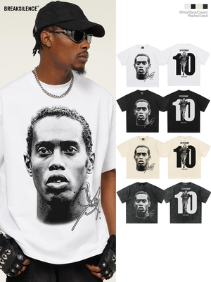 球星Ronaldinho头像印花短袖T恤男女美式潮牌vintage纯棉宽松半袖