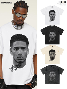 足球贝林厄姆Bellingham人物印花短袖T恤男美式复古宽松纯棉半袖