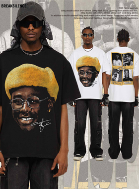 Tyler泰勒人物印花短袖T恤男女美式嘻哈hiphop宽松纯棉小领口半袖