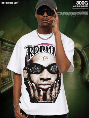 美式复古大虫罗德曼人物印花短袖T恤男女ins潮牌300g宽松纯棉半袖