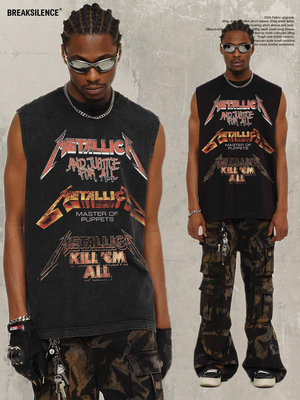 美式嘻哈Metallica摇滚乐队印花重磅纯棉宽松无袖背心坎肩T恤男女