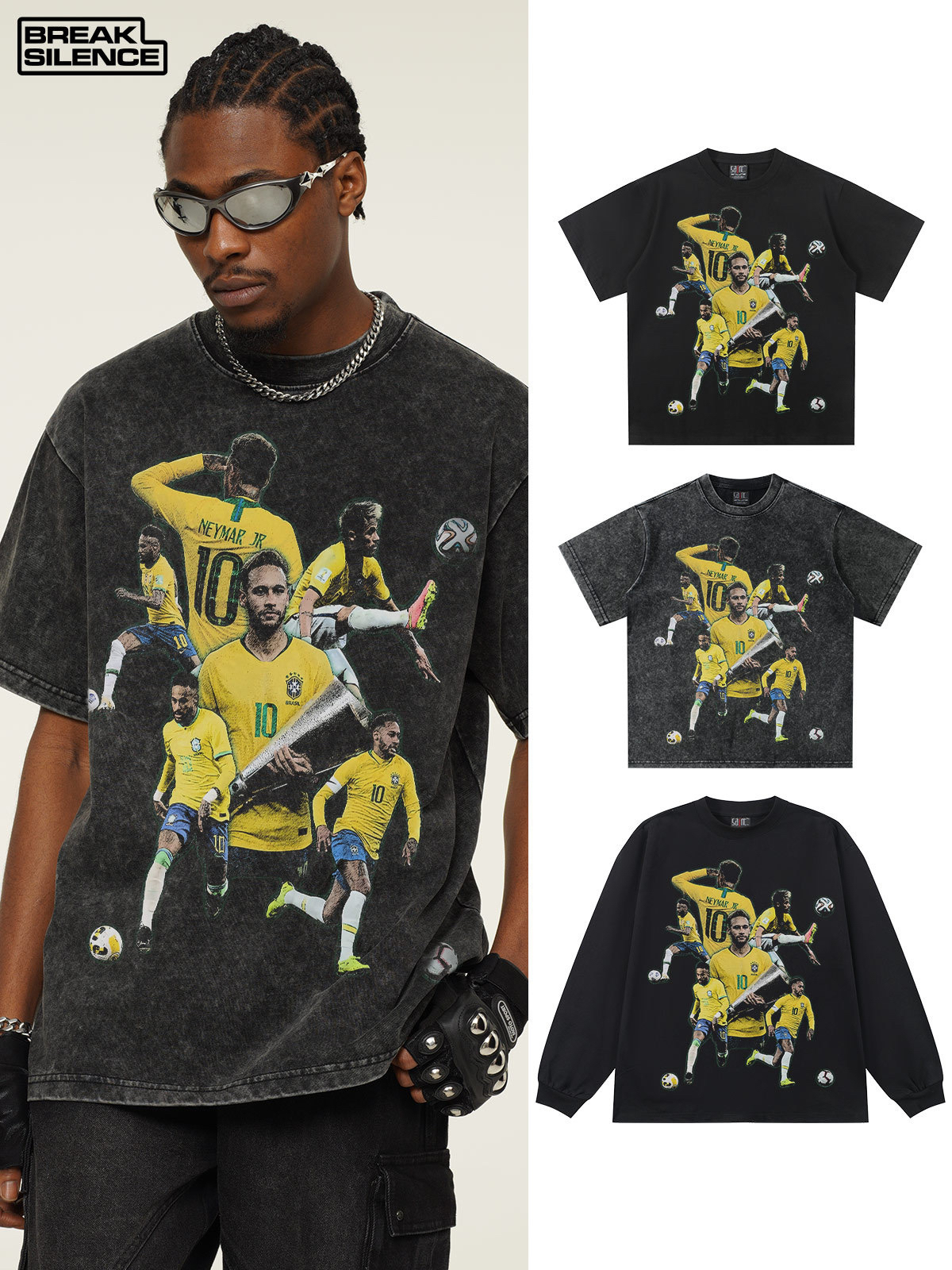 内马尔 neymar足球球星美式复古长袖t恤男女潮牌300g重磅宽松上衣