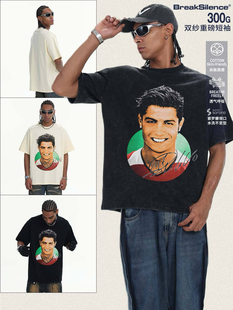 Cristiano Ronaldo数码直喷炒雪花短袖T恤男美式复古重磅纯棉宽松