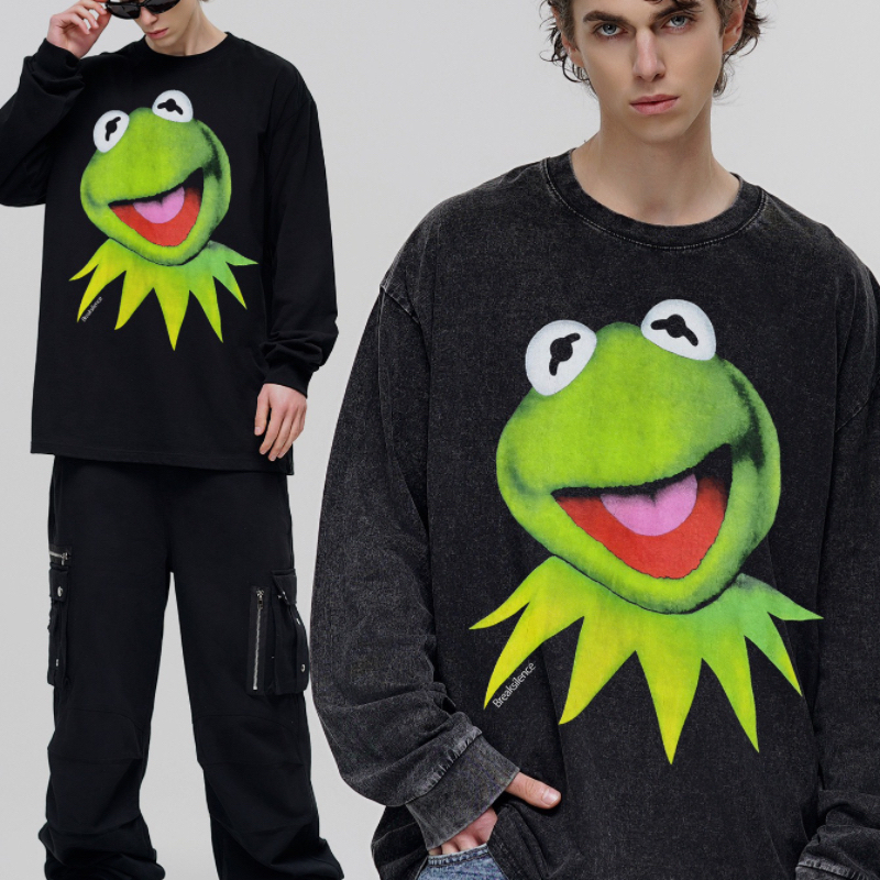 芝麻街 科密蛙乐队长袖t恤男美式vintage印花重磅纯棉小领口上衣
