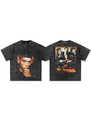 Central Cee美式嘻哈hiphop直喷印花重磅T恤男水洗做旧小领口短袖