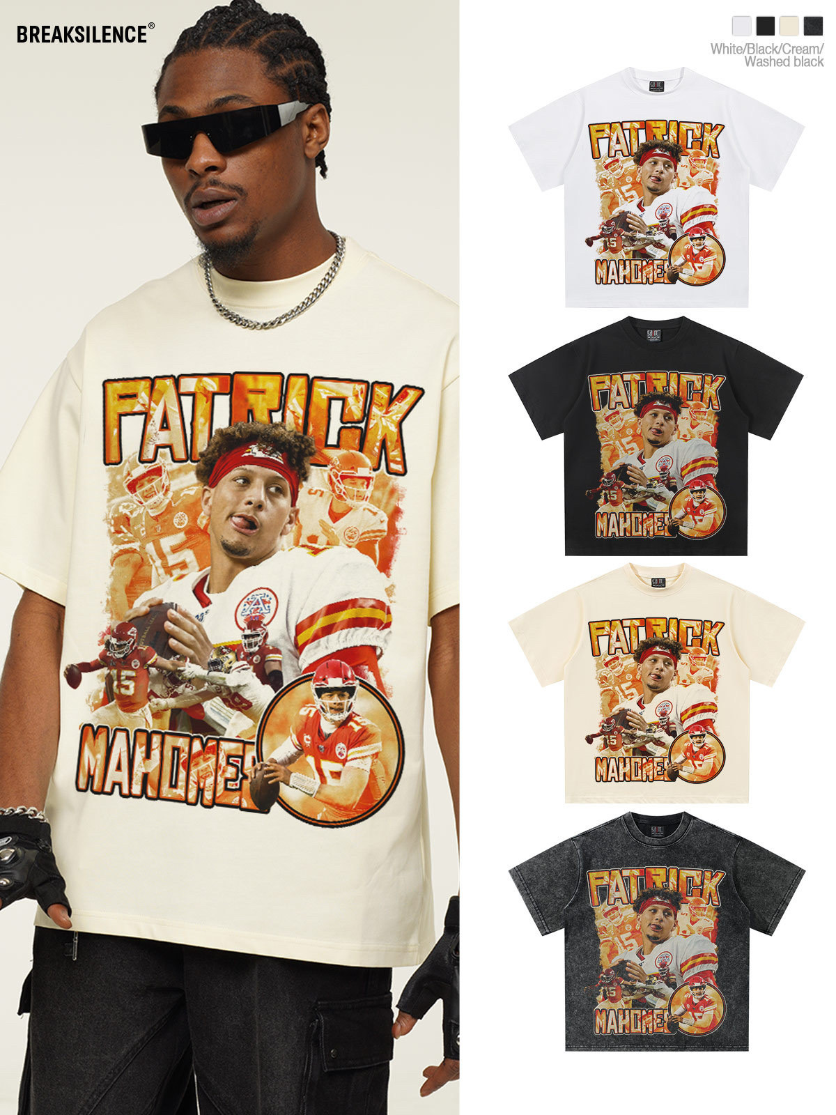 NFL橄榄球 马霍姆斯印花短袖T恤男美式复古水洗重磅纯棉百搭半袖
