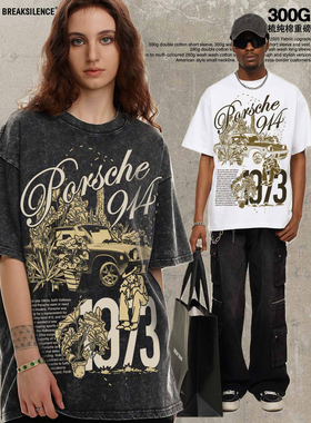 美式复古Porsche914汽车印花做旧短袖T恤男女嘻哈宽松纯棉半袖ins